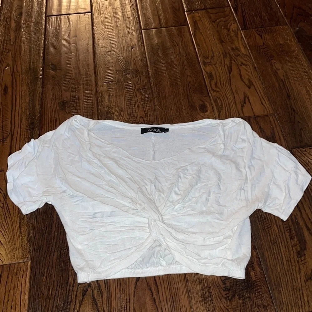 ANGL White Sheer Twist Front Short Sleeve Crop Top